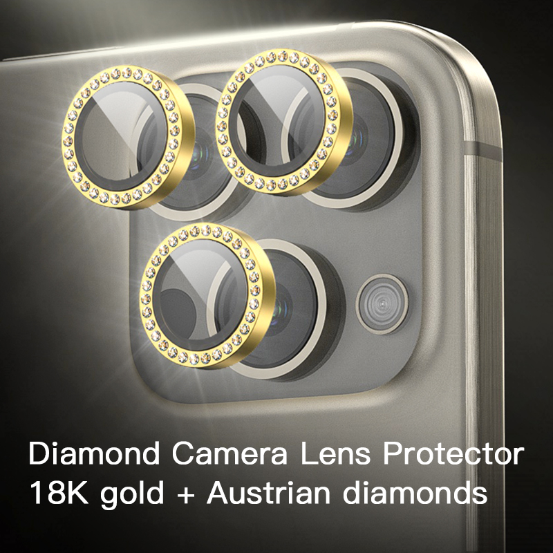 Protecteur d'objectif d'appareil photo en verre trempé anti-rayures coloré OEM en or 18 carats + diamants autrichiens